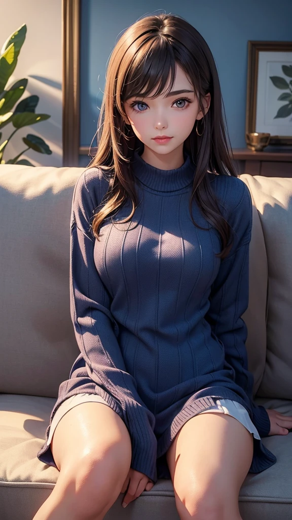 1_girl, solo, sksbrooke person, sksbrooke, (masterpiece:1.2), (best quality:1.2), perfect eyes, perfect face, 1girl, solo, brown eyes, (medium breasts), perky breasts, wearing a blue sweater dress, living room background, sitting on couch, leg spread