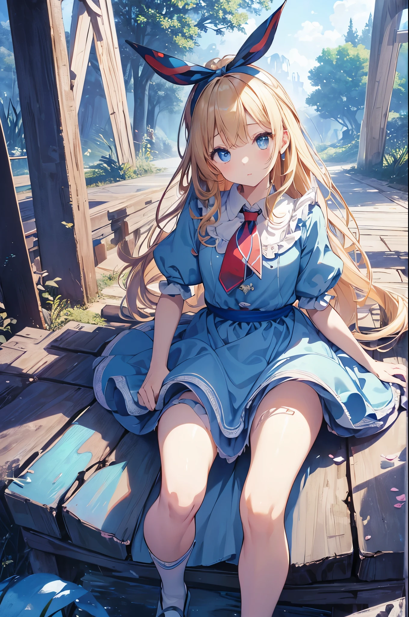 (Official Art、highest quality、Unity 8k wallpaper、32k、masterpiece、Ultra-detailed、超A high resolution)、Fantasy、((Alice in Wonderland))、Blonde、Tie your hair with a ribbon、Blue colored eyes、Blue Apron Dress、White socks、