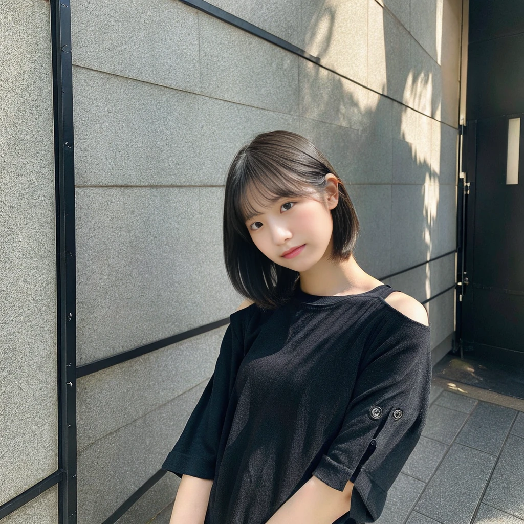 16 years oldの少女, highest quality, masterpiece, girl, Black Hair, 黒のショートパンツhighest quality, masterpiece, (8k, RAW Photos, highest quality, masterpiece: 1.2), Super detailed, Super Resolution, (Genuine, Genuine photos: 1.37), Plain black tank top, Photorealistic beauty, Japanese women, Straight face, nice, 16 years old, cute,　beautiful girl, 恋するgirl, Very embarrassed, Looking up, really like, Slender, Textured skin, Anatomically correct, Attention to detail, highest quality, Proper head and body balance, Black Hair, Short Bob, highest quality, Full body image, looking at the camera, Very embarrassed, You&#39;ll love it, Love overflows,

