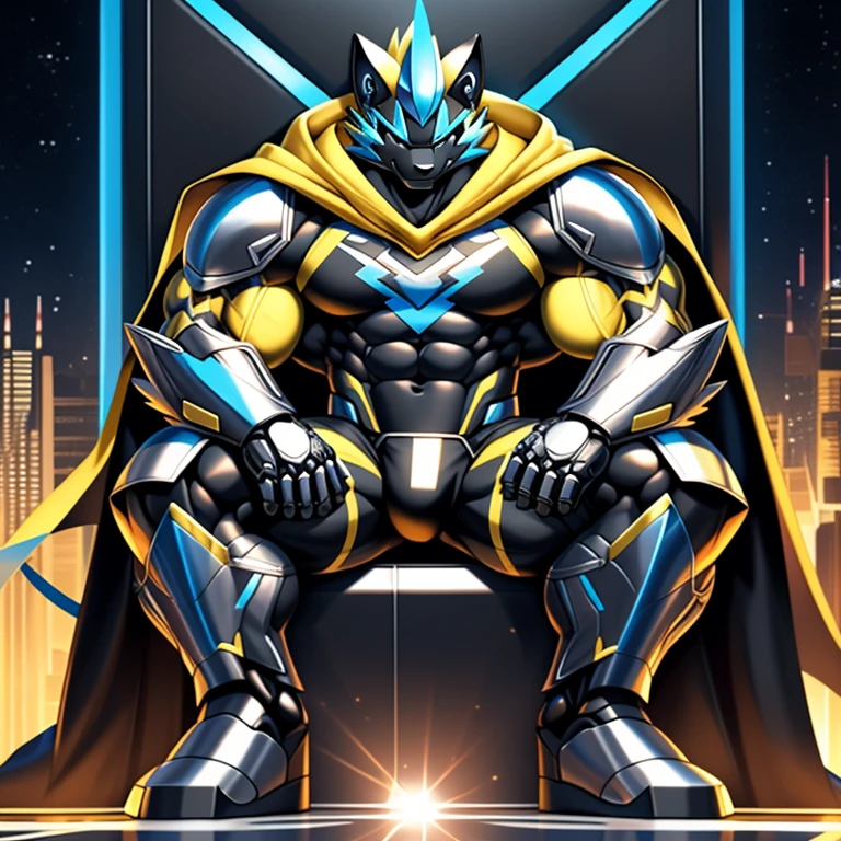 Wearing full plate armor
Its full plate armor emphasizes the muscles.
mechs,
Wearing cyberpunk mecha,
a knight's mechanical armor,
glowing wide and heavy armor,
he wears a bizarre fantasy surreal-style chest armor with scales,
absolutely stunning art,
He wears the same armor as himself from head to foot.
galactic cybernetics mask,
super hero, hero, bodysuit,
a furry hero whose presence inspires trust and respect.
latex bodysuit,
(masterpiece, best quality, detailed:1.2)
(Pokémon)
Powered exoskeleton with the same design as Zeraora
big muscle,
pecs, triceps, traps, waist narrow,
unusually developed muscular body,
bulge in the crotch, wears a small black string thong that reveals huge, muscular thighs. (metallic color: jet black thong)
body full of huge muscles.
also have a cloak on my back.
The cloak is black.
The cloak is so long that it touches the ground,
showing off muscles,
Correct limbs,
detailed full body,
Very muscular,
Large pecs,
Heavyweight,
big bump,
sparkling skin,
Vibrant colors, 4K,
realism,
full body,
wearing a dark bodysuit underneath,
4K, realism, Don't stray too far from Zeraora's design, Furry Heroes, Main is yellow COLOR,
Main is yellow COLOR.
pectorales enormes.
Exaggeratedly huge muscles.
Armor,
Cape,
Helmet,
Sword,rd,
sitting on the throne,
armor is shiny,