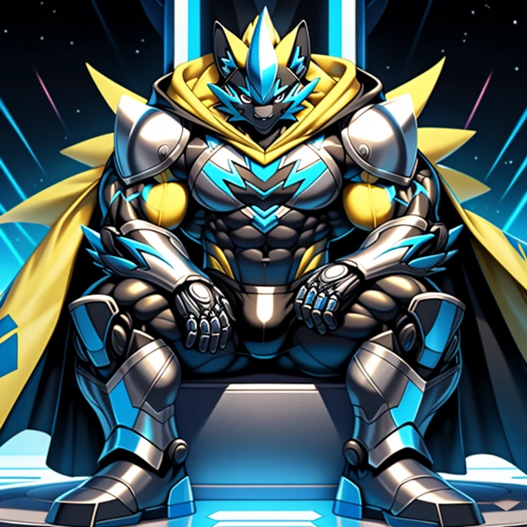 
Wearing full plate armor
Its full plate armor emphasizes the muscles.
mechs,
Wearing cyberpunk mecha,
a knight's mechanical armor,
glowing wide and heavy armor,
he wears a bizarre fantasy surreal-style chest armor with scales,
absolutely stunning art,
He wears the same armor as himself from head to foot.
galactic cybernetics mask,
super hero, hero, bodysuit,
a furry hero whose presence inspires trust and respect.
latex bodysuit,



(masterpiece, best quality, detailed:1.2)
(Pokémon)
Powered exoskeleton with the same design as Zeraora
big muscle,
pecs, triceps, traps, waist narrow,
unusually developed muscular body,
bulge in the crotch, wears a small black string thong that reveals huge, muscular thighs. (metallic color: jet black thong)
body full of huge muscles.
also have a cloak on my back.
The cloak is black.
The cloak is so long that it touches the ground,
showing off muscles,
Correct limbs,
detailed full body,
Very muscular,
Large pecs,
Heavyweight,
big bump,
sparkling skin,
Vibrant colors, 4K,
realism,
full body, 
wearing a dark bodysuit underneath, 
4K, realism, Don't stray too far from Zeraora's design, Furry Heroes, Main is yellow COLOR,
Main is yellow COLOR.
pectorales enormes.
Exaggeratedly huge muscles.
Armor,
Cape,
Helmet,
Sword,rd,
sitting on the throne,
armor is shiny,