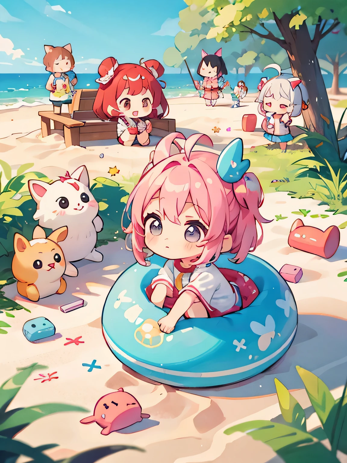 Momoko Sakura style, Kawaii Design, (((many people)))、most beautiful girl ever、Chibi, Colorful bob hair、((Lots of friends))、Playing in the sand together、kindergarten