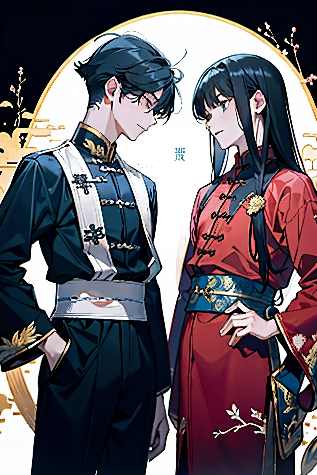 ((Two boys around 16 years old)),(古代中国風のgod官のような赤と白の衣装),((A dragon shining like crystal as it rises into the sky)),((long hair:1.35)),Hair tied to one side,smile,A fantastic atmosphere,(god々New Background),((They are staring at each other))