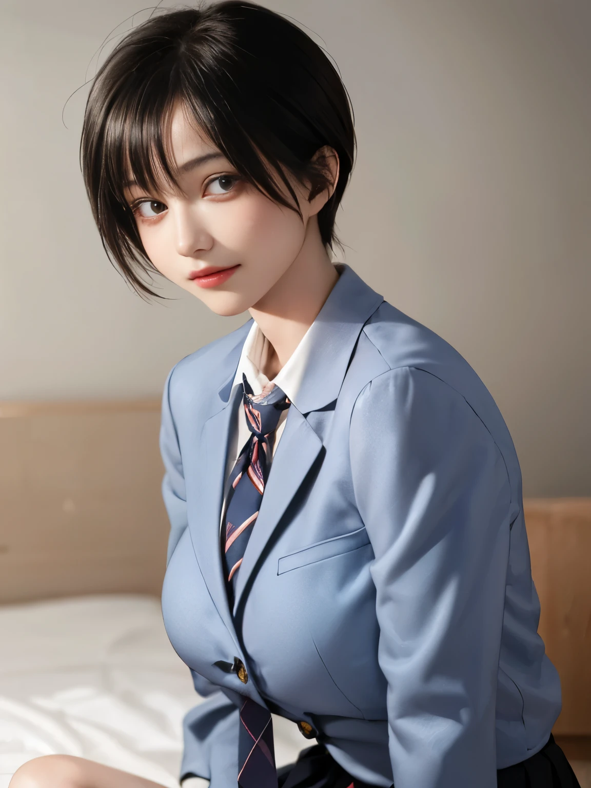 (masterpiece:1.2, highest quality), (Realistic, photoRealistic:1.4), Beautiful illustrations, (Natural Side Lighting, Cinema Lighting), 
View audience, Cowboy Shot, Front view, close:1.5, 1 girl, high school girl, Perfect Face, Cute and symmetrical face, Shiny skin, White skin、Seductive pose, 
(short hair:1.2, Bobcut:1.2, Black Hair), Hairline, Asymmetrical bangs, blue eyes, Long eyelashes, (Big Breasts:0.9, Thin thighs), 
Beautiful Hair, Beautiful Face, Beautiful details, Beautiful clavicle, Beautiful body, Beautiful breasts, Beautiful thighs, Beautiful legs, Beautiful fingers, 
((Navy Blazer, Light blue collared shirt, Navy Pleated Mini Skirt, socks, Red ribbon tie)), Pink Panties, 
(Beautiful views), evening, Bedroom, Lie in, Hands on the bed, (I&#39;Tears flow, Upward glance), (((Big Breasts))), (Underboob:1.5]