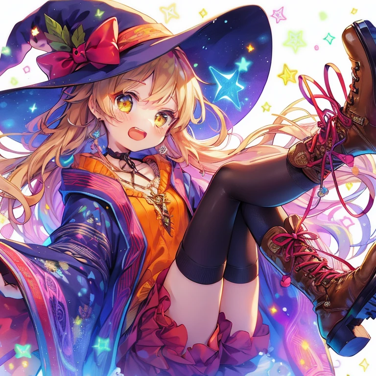 Close-up、Pastel Watercolor、fullbody,boots、👢、90's anime style illustration, vivid, like a single thought, 1girl, 1woman, wizard, ahoge, blonde hair, golden eyes,, hair bow, socks、boots、 gardent, neon、1girl, cardigan、neon、((dynamicangle))、anime, a girl in a witch costume with a hat and boots, bright witch, flirty anime witch casting magic, splash art anime , witch girl, astral witch clothes, anime style 4 k, anime art wallpaper 4 k, anime art wallpaper 4k, anime art wallpaper 8 k, beautiful wizard, pretty sorceress, cute anime girl