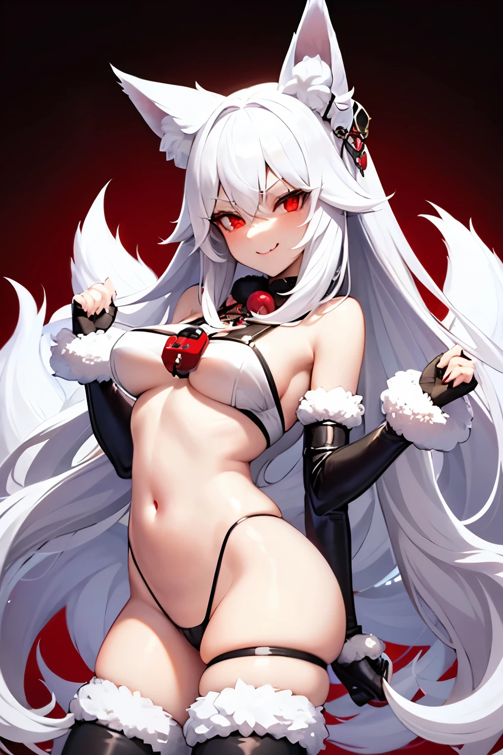 fox girl, long white hair, fluffy tails, lewd costume, evil smile, red eyes, black background, necklace, domination, white stockings, oral sex pose, 