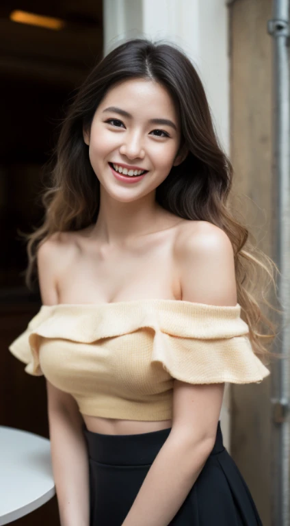 A stunningly beautiful real girl、(golden long curly hair:1.2)、Very beautiful face、A uniquely beautiful girl、Collarbone off-shoulder、white crop top shirt、Black school skirt、Exposed legs、A kind smile、soft、Dreamlike quality、Light white and dark brown、Exaggerated facial features、Landless、Candid off-white、Surreal、A beautiful girl with a super clear look、Cute and lively、 super short leggings、Cafe Background、(Big Breasts:1.3)、Dark lighting for a stylish atmosphere、Laughter、Japanese、Idol、cute
