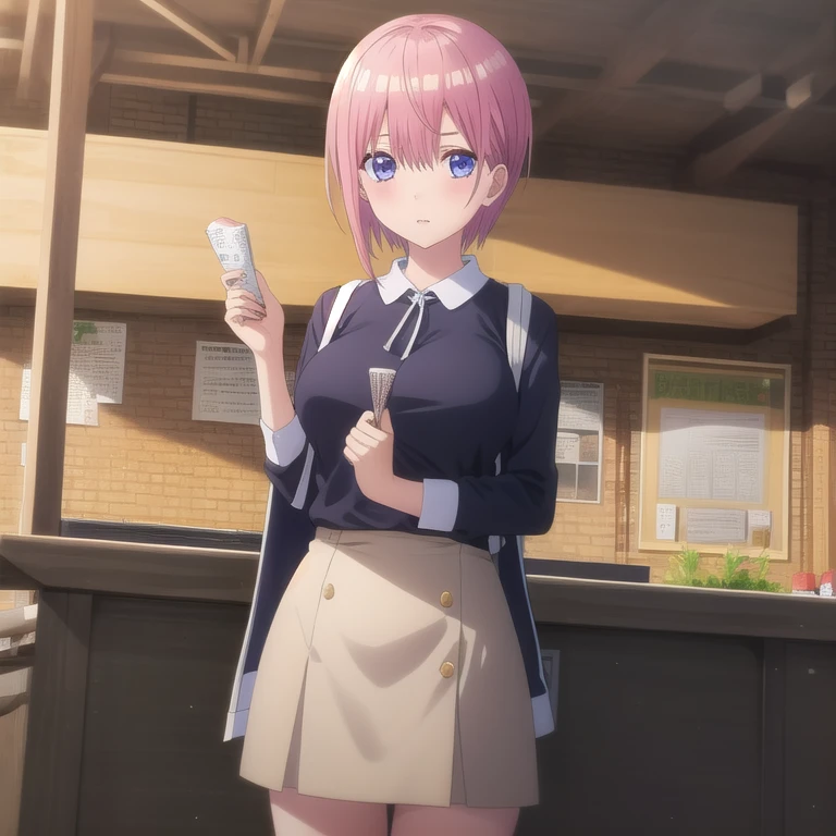 ((masterpiece)),(highest quality),Official Art,Highly detailed CG,unity 8k wallpaper,Super detailed, {Nakano_Ichika_gotoubunnohanayome:1.15},((One girl)),,Cowboy Shot,short_hair,(ピンクhair),(青いeye),前hair,hair_between_eye,(big beautiful breasts),