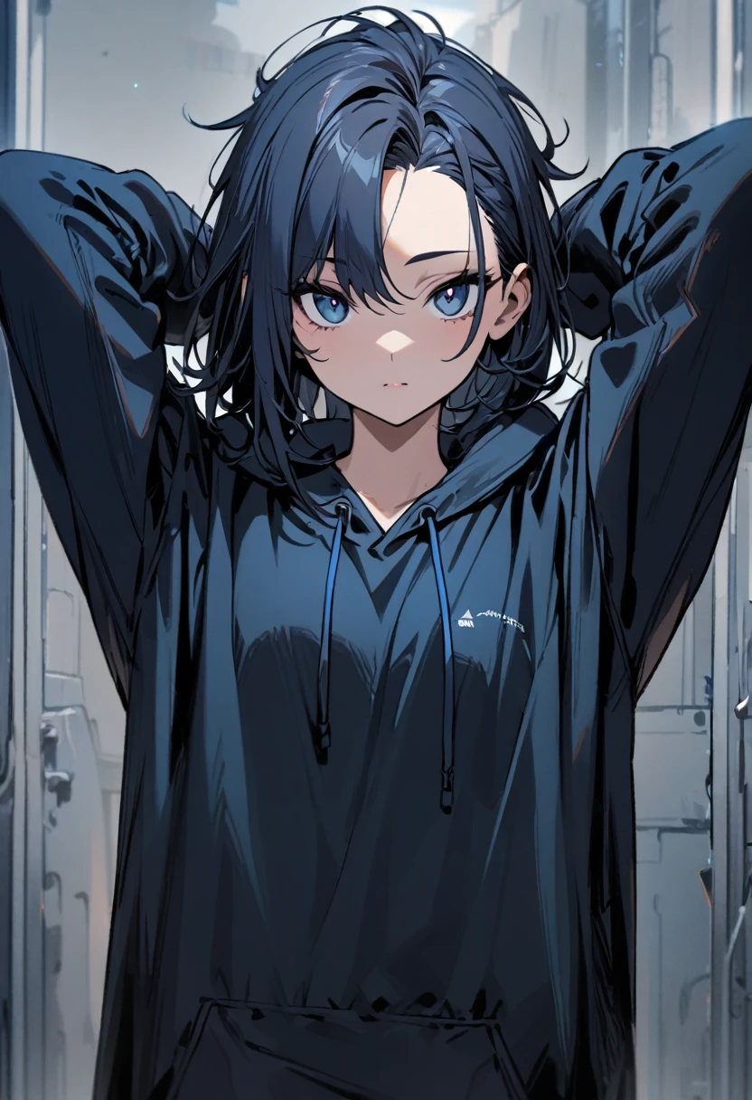 1 girl,Solo,front view from front facing viewer,medium hair,hair slicked back,dark blue eyes,Hands behind head, messy hair,(dark eyes),(cool girl),(Sharp blue eyes),(dark color),(Hoodie) masterpiece, best quality, high quality, detailed