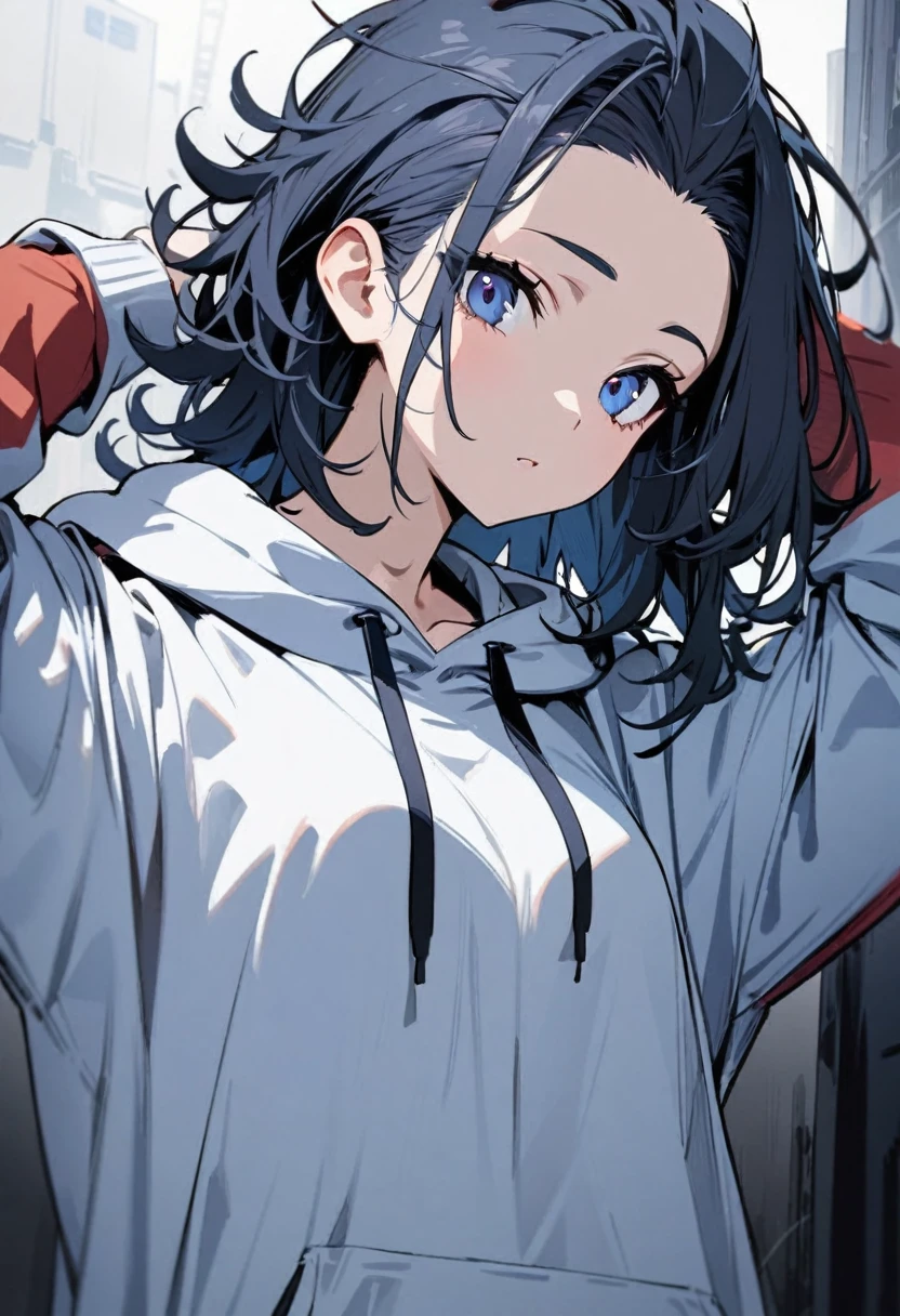 1 girl,Solo,front view from front facing viewer,medium hair,hair slicked back,dark blue eyes,Hands behind head, messy hair,(dark eyes),(cool girl),(Sharp blue eyes),(dark color),(Hoodie) masterpiece, best quality, high quality, detailed