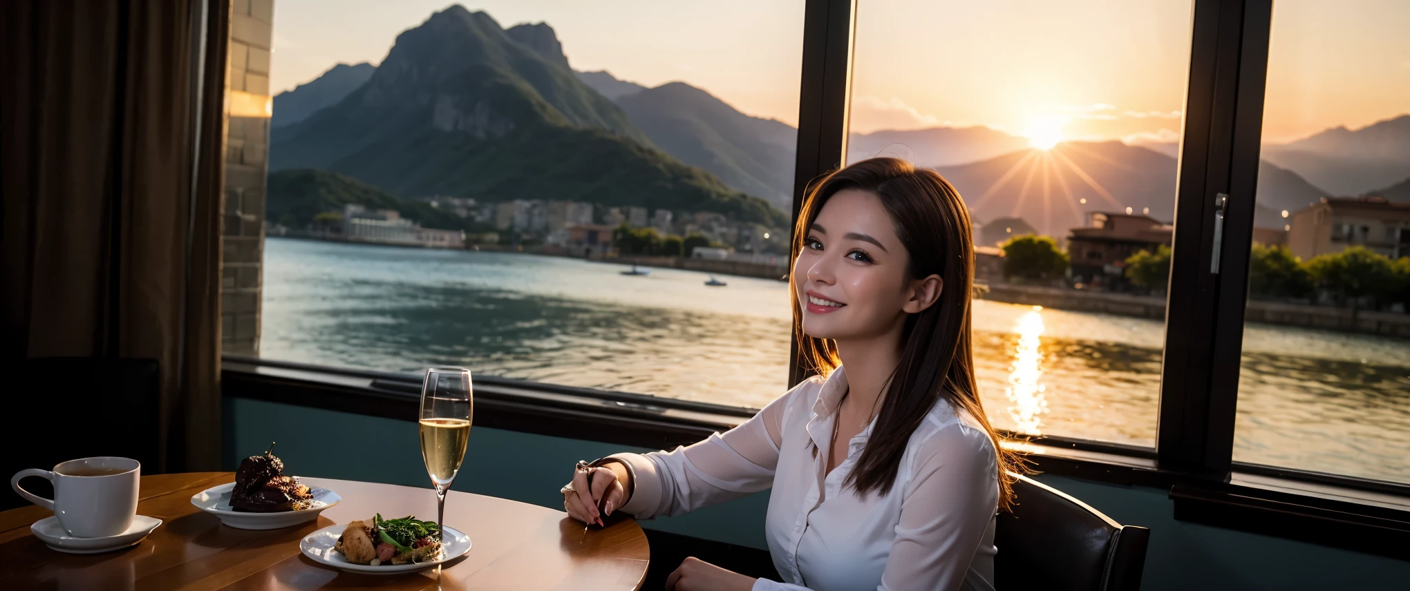 ((highest quality、8k、masterpiece:1.3))、Sharp focus:1.2、Beautiful woman perfect body:1.4、slimなボディ、((Bob Hale、Straight hair:1.2))、(to be born, highest quality, masterpiece:1.5), (Realistic, Intricate details:1.2), Ultra-high resolution, Shine light on your face、Spectacular view of the sunset sky and clouds、Amazing mountain views、ニコニコ明るいsmile、wine glass、red wine 、Appetizer、Italian food、Wine bottle、Champagne、sparkling wine、, Beautiful Face, blue eyes, The light shines on your face, Blushing, short hair,Bright Face、Fox face、 (42 years old), 40 years old, Lady、Two beauties、brown hair、Shortcuts、Long sleeve shirt、dress、Pretty Woman 1, (slimな顔), (The body is slim), (brown hair), (Shortcuts), cheeks turn a little red,Attractive beauty、, Out of the window, A beautiful and detailed night view unfolds.........., restaurant, In a prominent place (From the waist up) Nova Frog Style, actress, model, Upper Body, White wine, slim, wine glass, 真ん中に置かれたwine glass, smile, (smile: 1.15), Beautiful fine grain, Depth f/2,saturation, High Contrast, Strong light and shadow,Moist Body:1.5、3D texture、Delicate eyes、brown hair、The hair is very shiny、