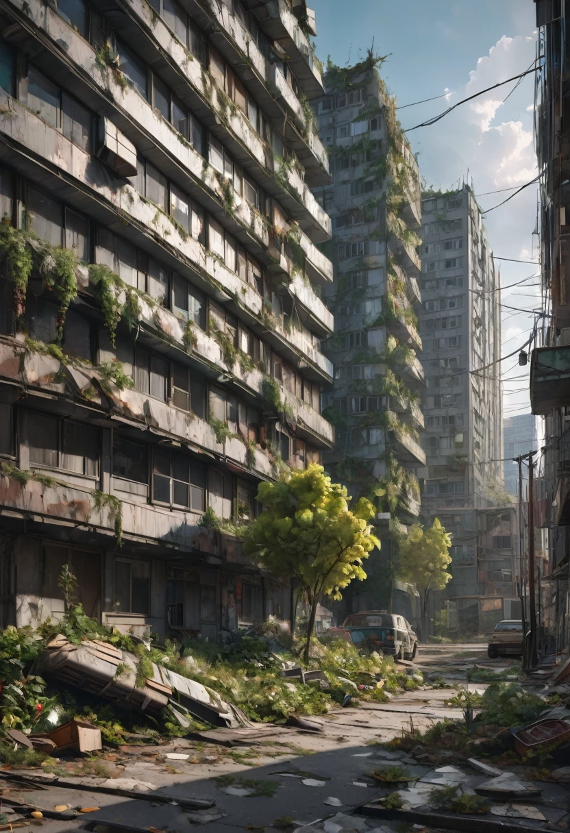 1girl, Post-Apocalyptic Wasteland, Post-apocalyptic cityscape. Toppled skyscrapers, abandoned playgrounds, trees and plants growing up through the sidewalk, photo-realistic, Intricately detailed architecture, green, black, dynamic volumetric lighting and color, 8K resolution, fall-out, nuclear winter.