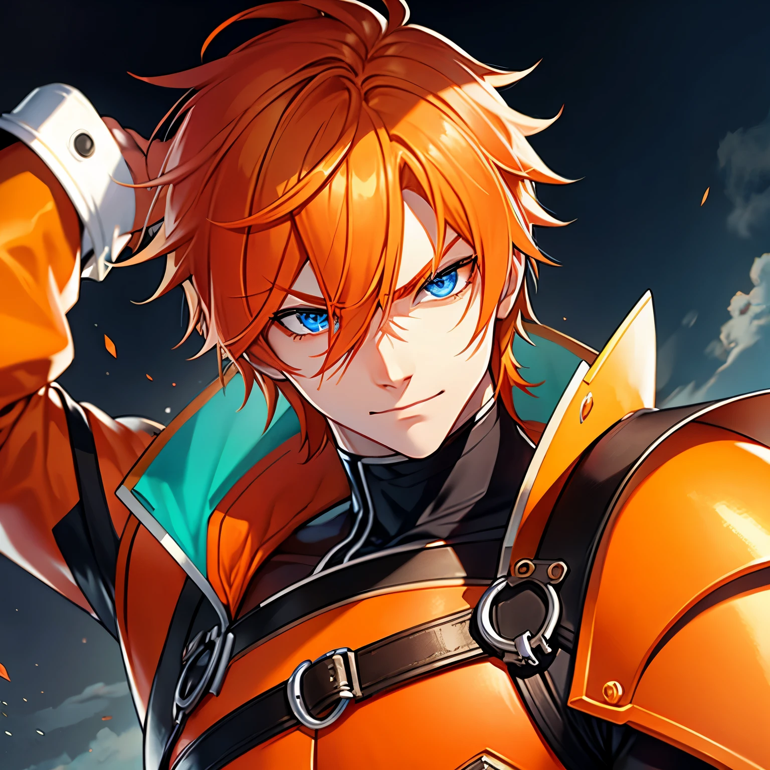 Create a male character with orange hair, blue eyes and fair skin, cute countenance.