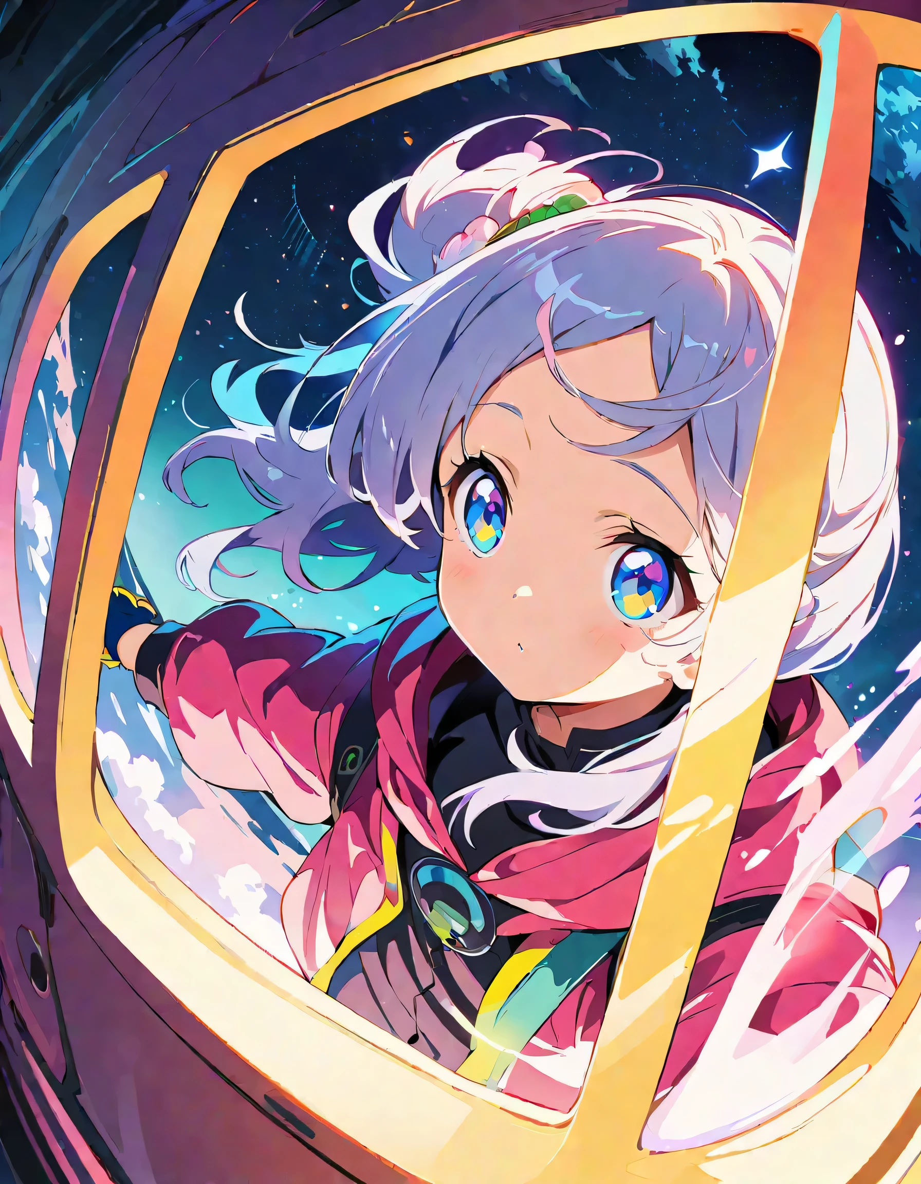(highest quality、masterpiece、High resolution、detailed)、Anime Style、Flat Style、extremely detailed、High saturation、(Beautiful Eyes、Beautiful Face), BREAK,anime style, super fine illustration, highly detailed, dynamic angle, beautiful detailed, 8k, In a spaceship, a 10-year-old girl gazes at the Earth through a window, her eyes sparkling as she sees it for the first time.