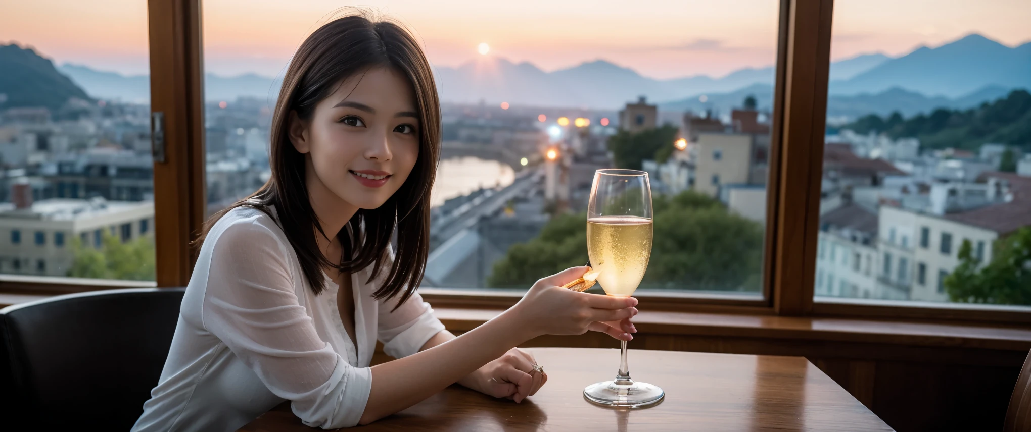 ((highest quality、8k、masterpiece:1.3))、Sharp focus:1.2、Beautiful woman perfect body:1.4、slimなボディ、((Bob Hale、Straight hair:1.2))、(to be born, highest quality, masterpiece:1.5), (Realistic, Intricate details:1.2), Ultra-high resolution, Shine light on your face、Spectacular view of the sunset sky and clouds、Amazing mountain views、ニコニコ明るいsmile、wine glass、red wine 、Appetizer、Italian food、Wine bottle、Champagne、sparkling wine、, Beautiful Face, blue eyes, The light shines on your face, Blushing, short hair,Bright Face、Fox face、 (42 years old), 40 years old, Lady、Two beauties、brown hair、Shortcuts、Long sleeve shirt、dress、Pretty Woman 1, (slimな顔), (The body is slim), (brown hair), (Shortcuts), cheeks turn a little red,Attractive beauty、, Out of the window, A beautiful and detailed night view unfolds.........., restaurant, In a prominent place (From the waist up) Nova Frog Style, actress, model, Upper Body, White wine, slim, wine glass, 真ん中に置かれたwine glass, smile, (smile: 1.15), Beautiful fine grain, Depth f/2,saturation, High Contrast, Strong light and shadow,Moist Body:1.5、3D texture、Delicate eyes、brown hair、The hair is very shiny、
