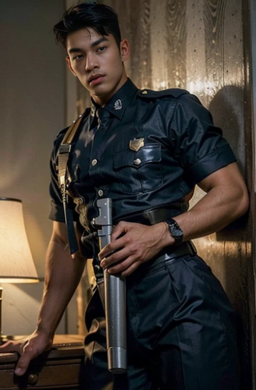 ****ung handsome guy，20-25 years old，police officers，Interpol，Police Department，With a gun，Handsome，musculous，Thin muscles，hairy bodies，Police uniform（Fine eye 1：3），Black eyes，full bodyesbian，full bodyesbian ，full length shot(fls) , eroticism , sexy , NSFW , thighs