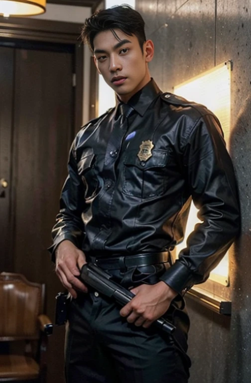 1 young handsome guy，20-25 years old，police officers，Interpol，Police Department，With a gun，Handsome，musculous，Thin muscles，hairy bodies，Police uniform（Fine eye 1：3），Black eyes，full bodyesbian，full bodyesbian ，full length shot(fls) , eroticism , sexy , NSFW , thighs