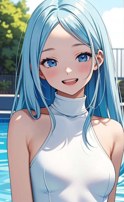 (masterpiece:1.4、top-quality、illustration:1.4,realistic、)、(character focus、breast focus,upper body:1.3)、(1girl),(Open mouth happy grin:1.3),(half closed eyes),cute face,blue eyes、()、
,(stand:1.4),(Shining smile),
,(slender),(turtleneck holder white cute swimsuit:1.3),(long blue hair:1.6,forehead:1.3), (small breasts:1.3)、
、slender、pool,、