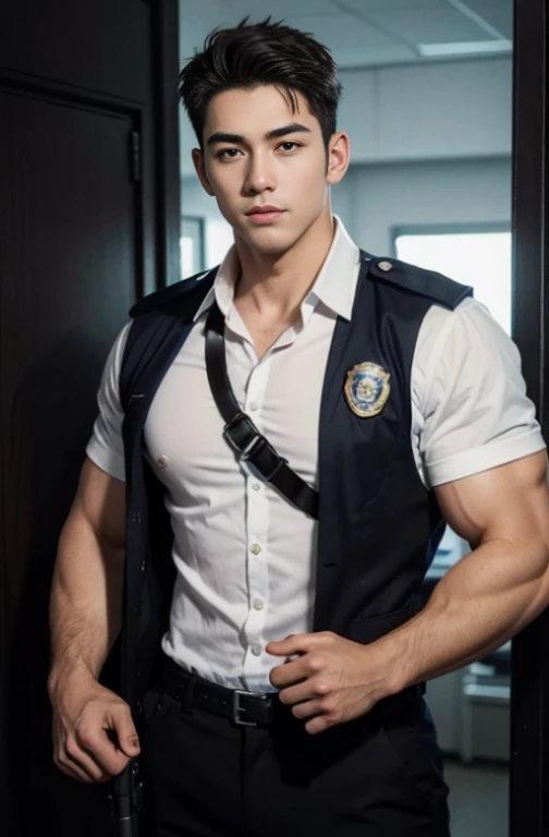 1 young handsome guy，20-25 years old，police officers，Interpol，Police Department，With a gun，Handsome，musculous，Thin muscles，hairy bodies，Police uniform（Fine eye 1：3），Black eyes，full bodyesbian，full bodyesbian