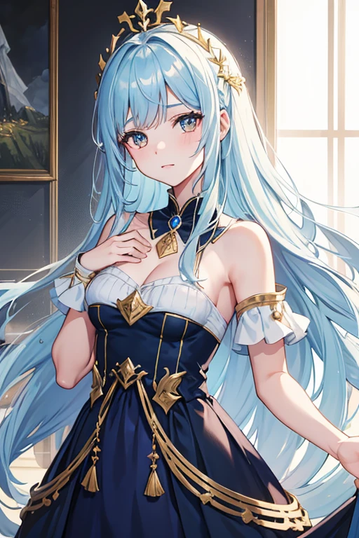 Jeune fille dragone céleste, cheuveu bleue pale, Golden eyes, corne blanc, dark blue long dress. Fond royaume fantaisie.((HD)) [[4k, 6k, 8k]] 