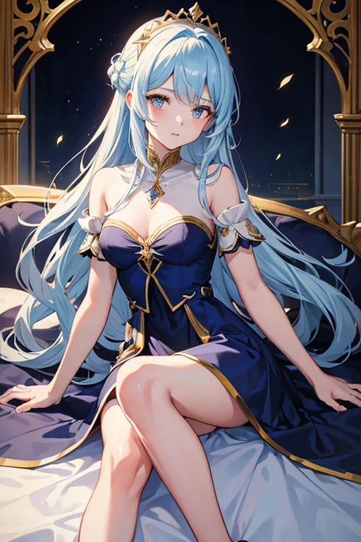 Jeune fille dragone céleste, cheuveu bleue pale, Golden eyes, corne blanc, dark blue long dress. Fond royaume fantaisie.((HD)) [[4k, 6k, 8k]] 