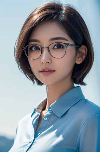 (best quality,8k,high resolution,masterpiece:1.2),
(ultra-detailed,realistic:1.37),(portraits),
(A lady of pure essence, adorned with innocence and a pristine aura, yet fortified with an unwavering inner strength, exudes a gentle grace.),
(A Japanese woman, 30 years old and 155cm tall.),
(She wears a short hair that gives a crisp and clean impression, complemented by a pair of neatly framed glasses.),
(In impeccable attire, a woman adorned in a sky-blue shirt gazes upon me with gentle eyes, her presence a soothing balm to the soul.),
