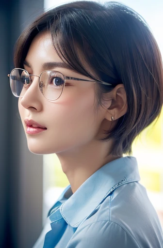 (best quality,8k,high resolution,masterpiece:1.2),
(ultra-detailed,realistic:1.37),(portraits),
(A lady of pure essence, adorned with innocence and a pristine aura, yet fortified with an unwavering inner strength, exudes a gentle grace.),
(A Japanese woman, 30 years old and 155cm tall.),
(She wears a short hair that gives a crisp and clean impression, complemented by a pair of neatly framed glasses.),
(In impeccable attire, a woman adorned in a sky-blue shirt gazes upon me with gentle eyes, her presence a soothing balm to the soul.),