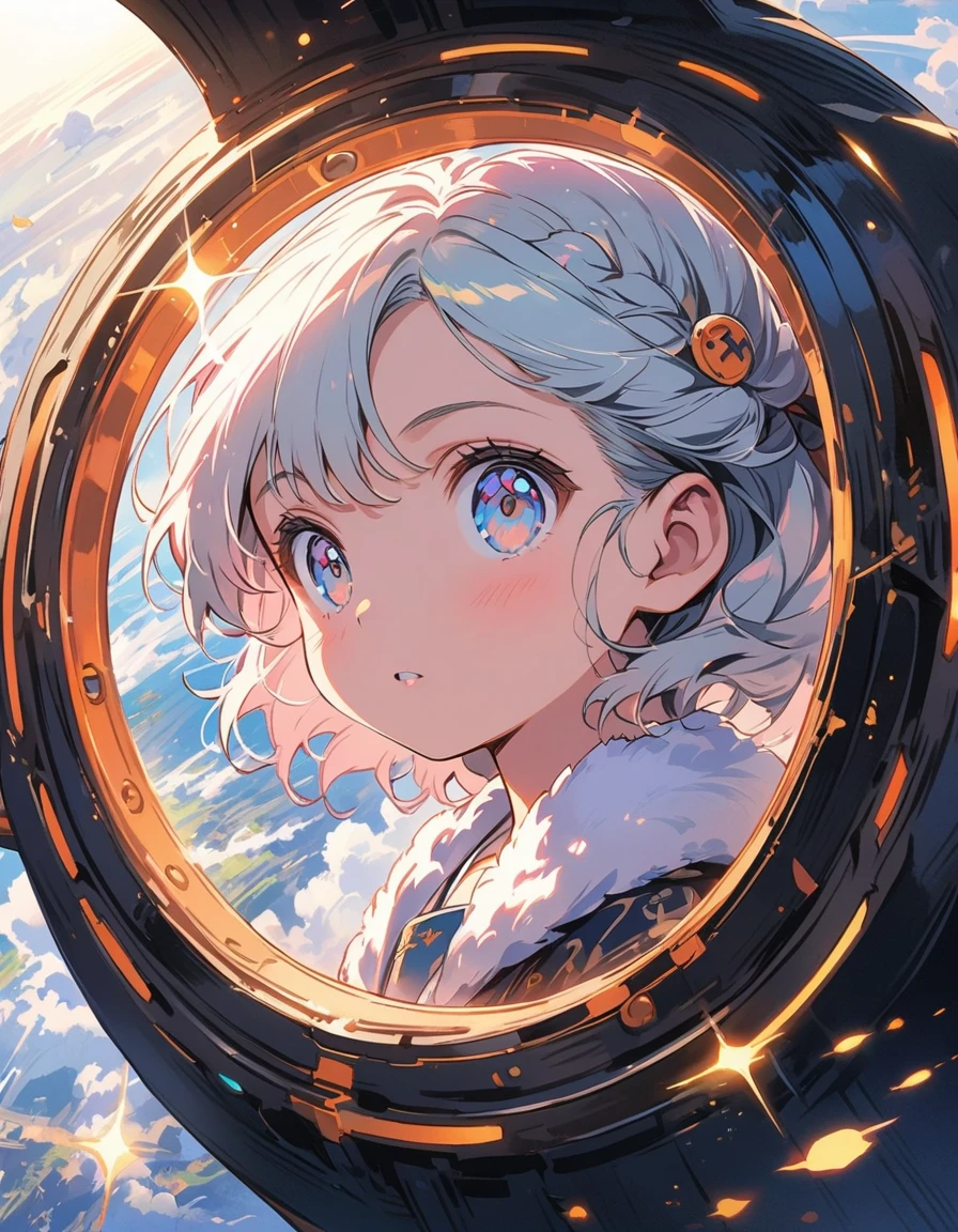 anime style, super fine illustration, highly detailed, dynamic angle, beautiful detailed, 8k, In a spaceship, a -yeld gigazes at the Earth through a window, her eyes sparkling as she sees it for the first time.
