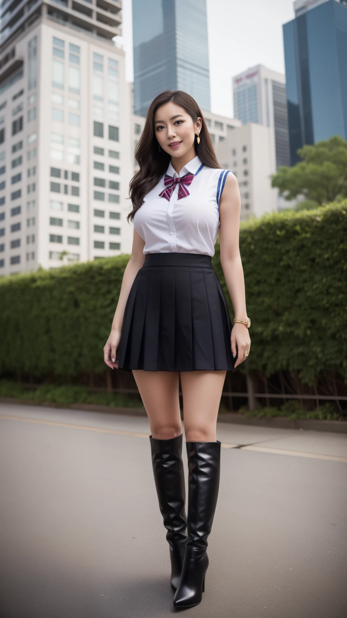 (Brunette,Layered long wavy hair)Heavy makeup、(Female, 45 years old、Japanese):1.2、8K, Tempting smile, ((Colossal tits:1.2)) , tall:1.4、a small face、Nikon Z 85mm, ((Best Quality)) ,((masterpiece)), intricate details, Professional, Photorealistic、 ((Very sexy highschool uniform,Sleeveless,Mini skirt)):1.2、(Standing on the roof of a skyscraper at night):1.2, large earring、(Slim Knee-high boots with high stiletto heels、Pointed toe):1.2、Full body shot:1.2