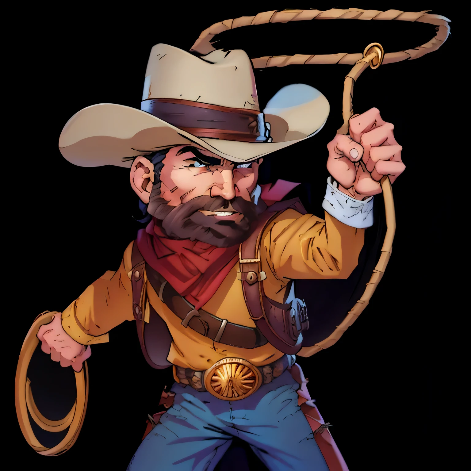 cartoon cowboy with a lasset and a hat on, bearded cowboy, cowboy portrait, lasso, Western comic book style, Western comic book style, the cowboy in the weird west, Western Animation, Western comic art, cowboy, portrait of a cowboy, game illustration, game character art, Highly detailed characters, Game Art, Cartoon art style, Western comic art, old west