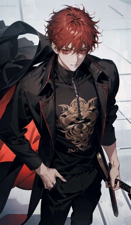 (absurd, high, extremely detailed),((masterpiece)), ((best quality:1.1)), High resolution, 8k, upper body, 1 boy, (red hair, curly hair light, layered hair :1.1 ), ((super short hair, neatly combed)), shaded face, (men's black coat with red interlacing, black loose t-shirt, men's colored jogger pants black: 1.1), , (top view 1.1), ((red eyes)), (katana in hand), night city, standing posture, looking at people