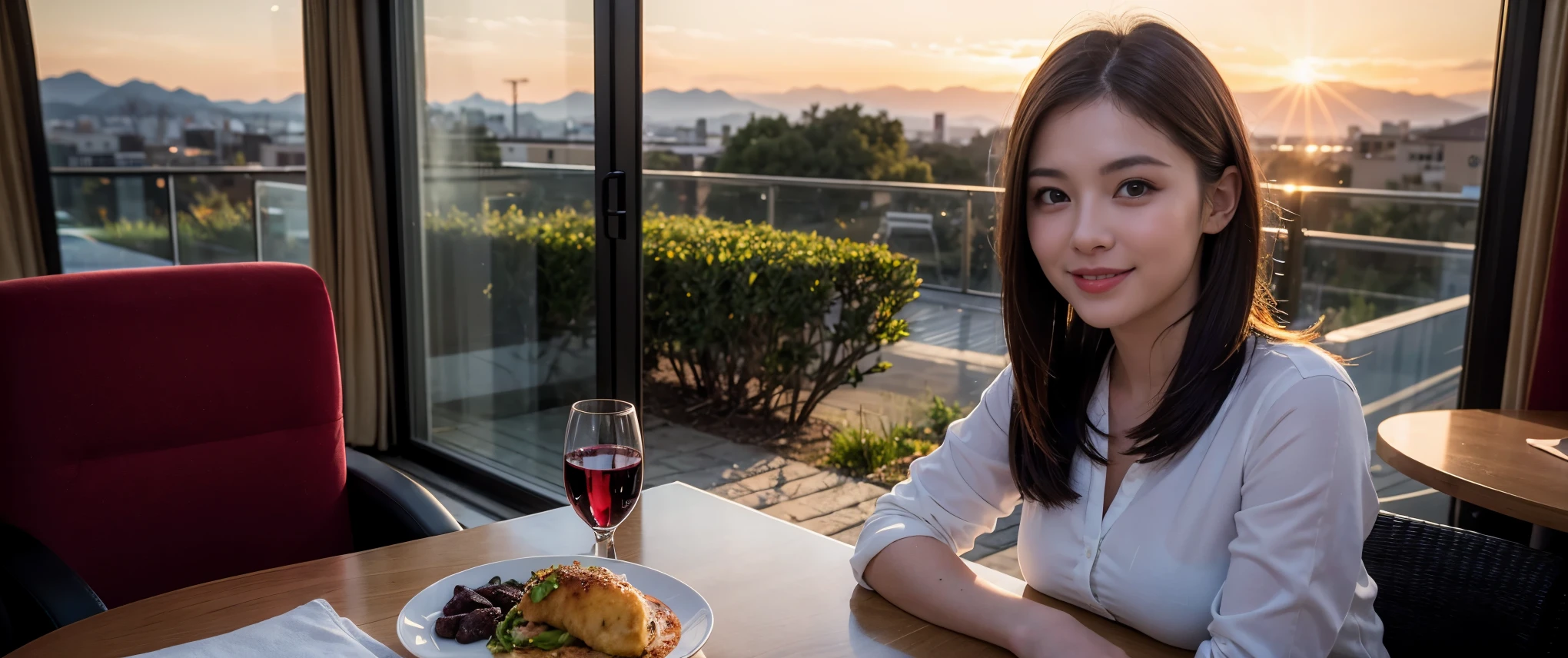 ((Highest quality、、masterpiece:1.3))、1 male、1 female、spouse、Beautiful couple、smile、full-course dinner、 (Slim face), (the body is スリム), (Brown Hair), (Shortcuts), ((Bob Hale、Straight hair:1.2)), テーブルの上のwine glass、Put the light on your face、 Amazing view of the sunset sky and clouds、smileの美しさ、Bright image、Blushing, Shortcuts, (43 years old), 39 years old, Appetizers、Italian food、Wine bottle、Champagne、sparkling wine、Long sleeve shirt、dress、Attractive beauty、restaurant, Nova Frog Style, actress, model, Upper Body, White wine, red wine, wine glass,