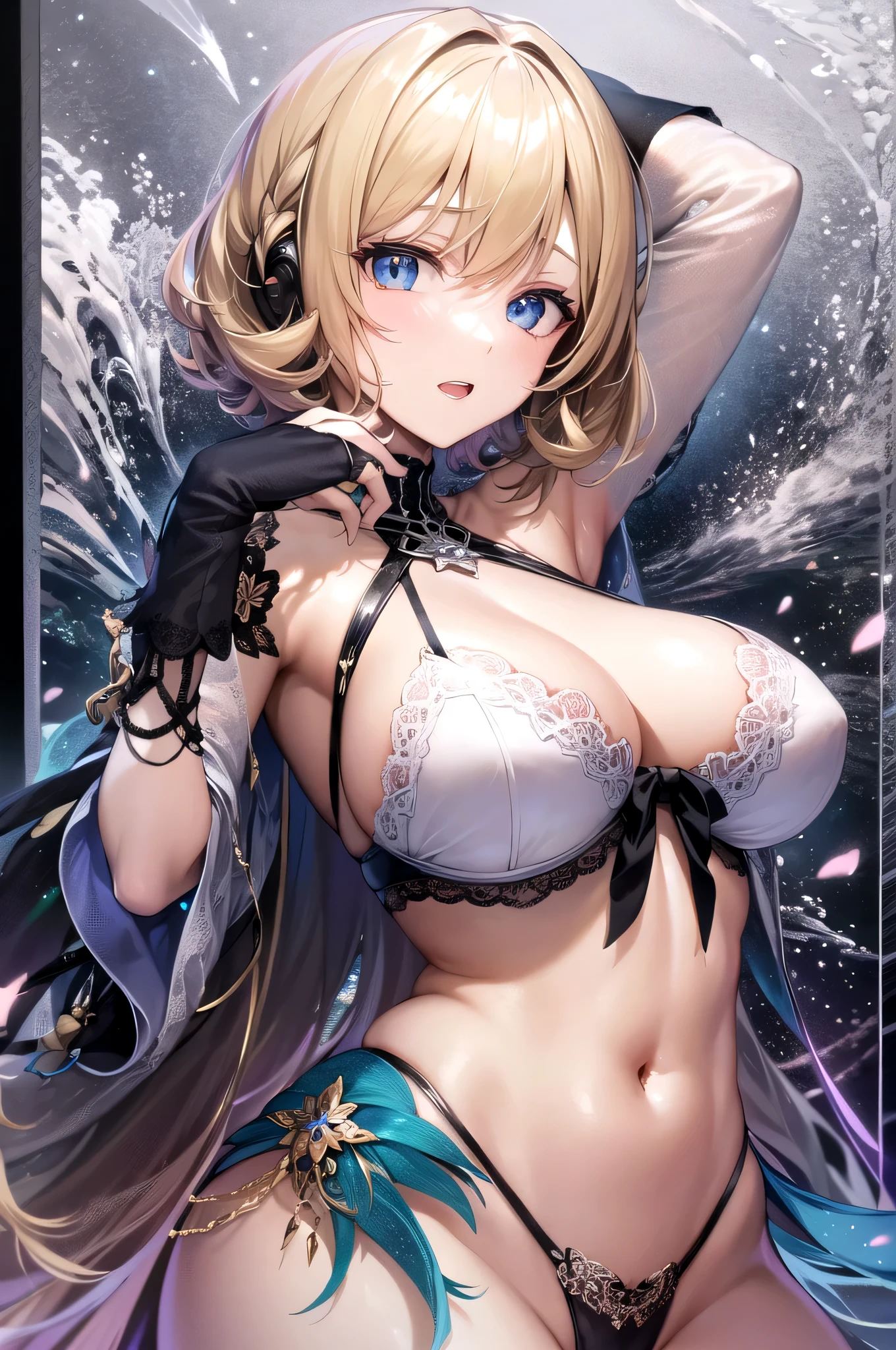 highest quality、Best image quality、masterpiece、With a girl((Age 25、Wearing only white underwear、Very large breasts、Blonde、blue eyes、Chain Accessories、Black wristband on wrist、,Slender))highest quality,background((blue room))、((From head to thighs)),((Short Hair)),((Inward Curling Bob))