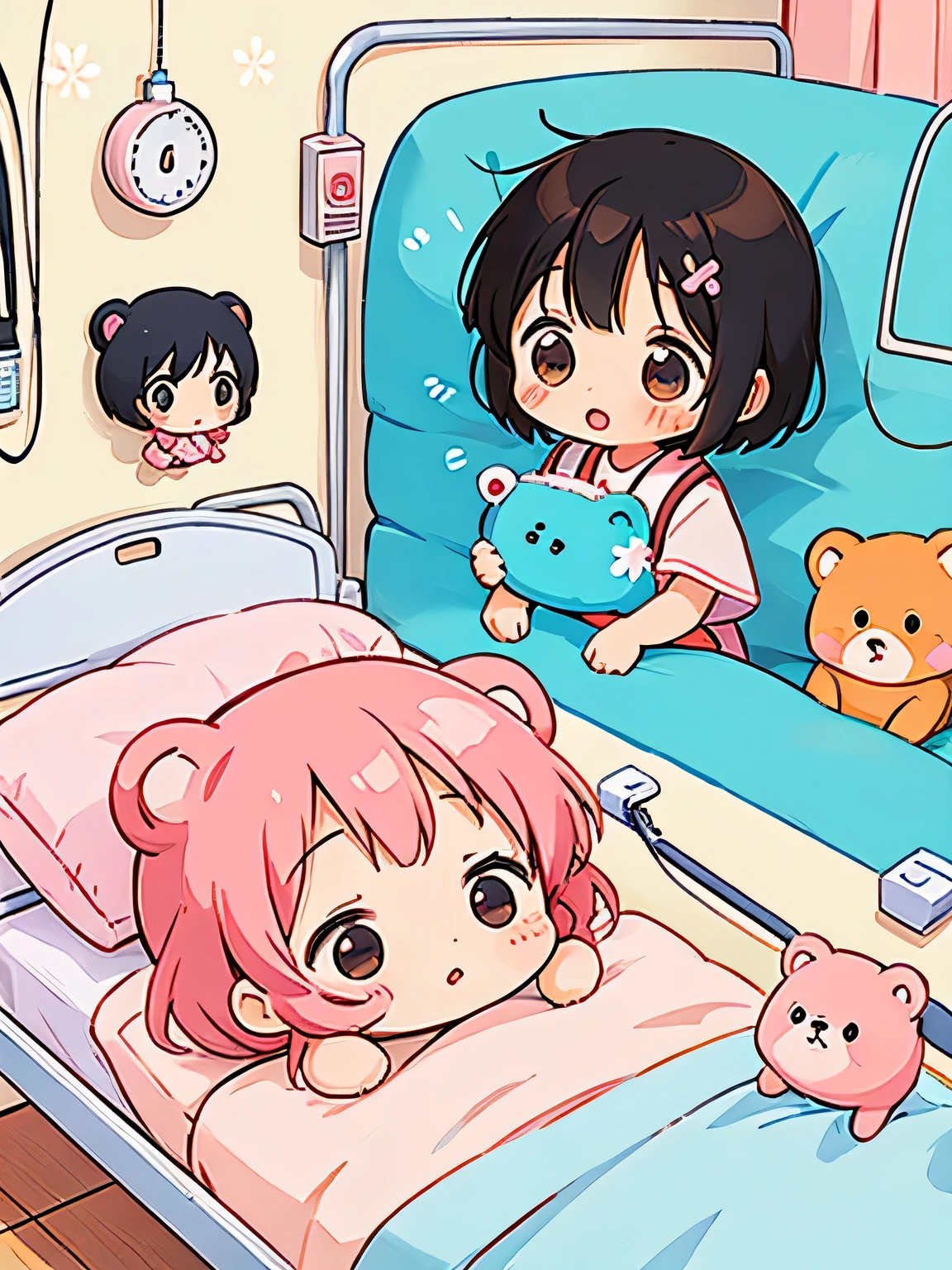 Momoko Sakura Style, Kawaii Design, Chibi Maruko-chan、Chibi, cute bears、playing, hospital bed