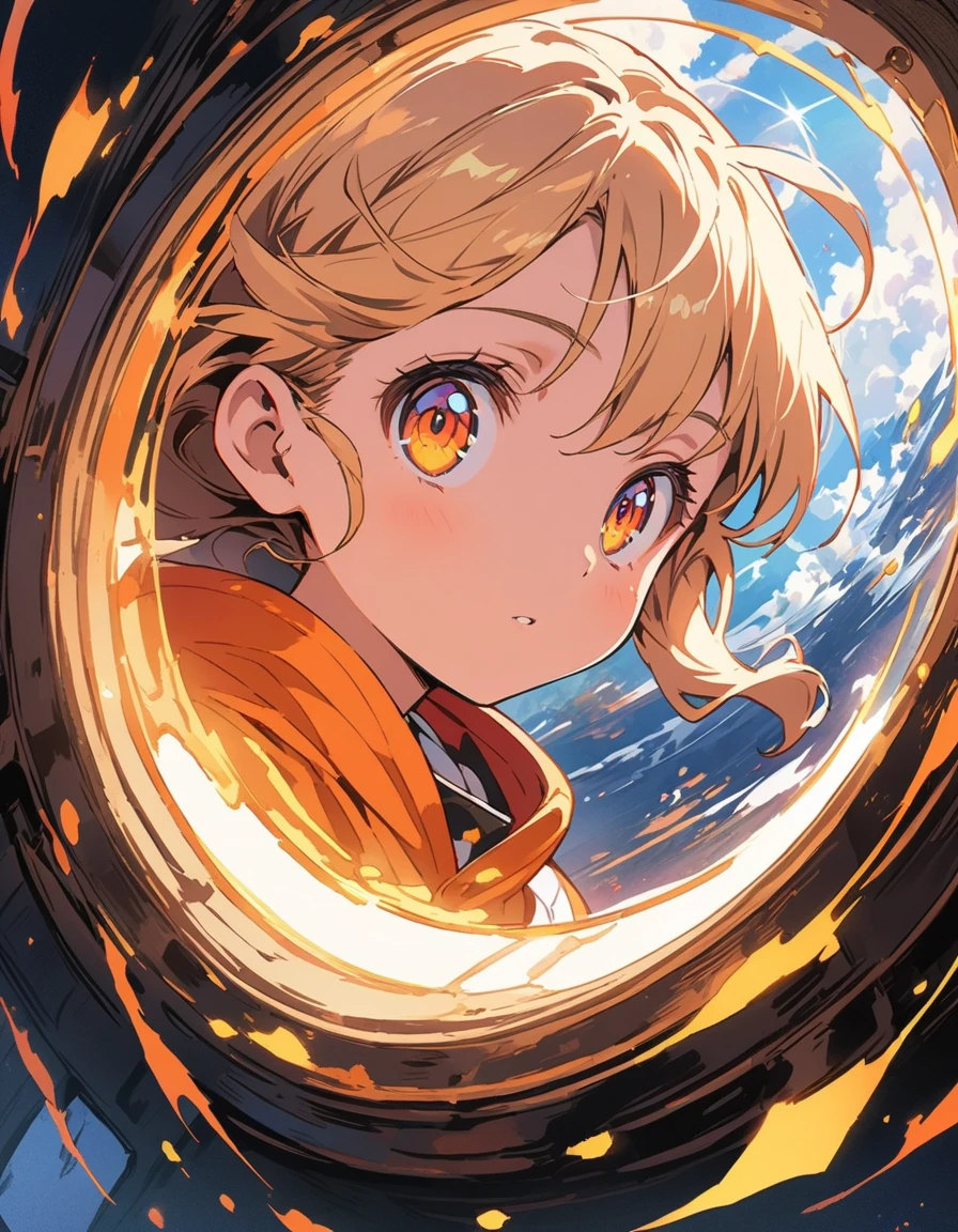 (highest quality、masterpiece、High resolution、detailed)、Anime Style、Flat Style、extremely detailed、High saturation、(Beautiful Eyes、detailed美しい顔), BREAK,anime style, super fine illustration, highly detailed, dynamic angle, beautiful detailed, 8k, In a spaceship, a 10-year-old girl gazes at the Earth through a window, her eyes sparkling as she sees it for the first time.