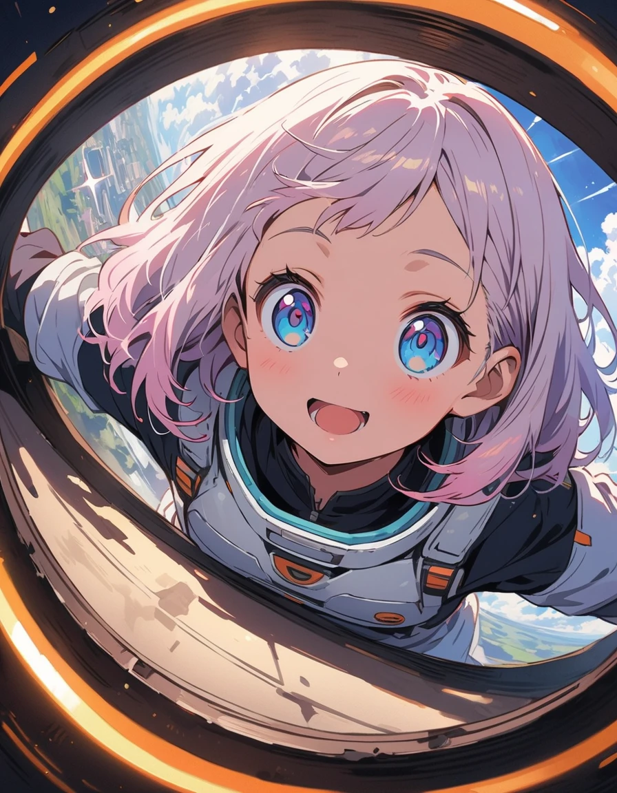 (highest quality、masterpiece、High resolution、detailed)、Anime Style、Flat Style、extremely detailed、High saturation、(Beautiful Eyes、detailed美しい顔),  BREAK,anime style, super fine illustration, highly detailed, dynamic angle, beautiful detailed, 8k, In a spaceship, a 10-year-old girl gazes at the Earth through a window, her eyes sparkling as she sees it for the first time.