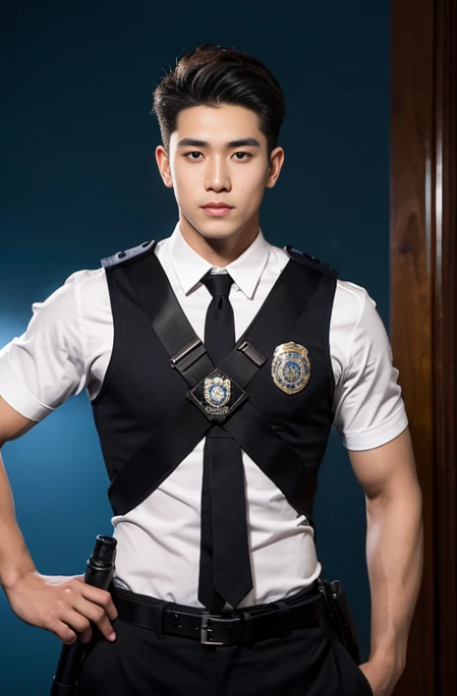 1 young handsome guy，20-25 years old，police officers，Interpol，Police Department，With a gun，Handsome，musculous，Thin muscles，hairy bodies，Police uniform（Fine eye 1：3），Black eyes，full bodyesbian，full bodyesbian