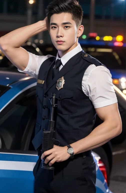 A man，top-quality、tmasterpiece、超A high resolution、(hentail realism:1.4)、详细的脸、１Human male、Dark hair、(Asian people)、(、A high resolution、ultra - detailed)、、1 male、tu)、A handsome、Tall muscular man、Shirtlesroad shoulder、extra very short hair、Thick neck、thick eyebrow、extra very short hair、brunette color hair、full bodyesbian，highway background，musculous、A handsome、, Best quality， (photographrealistic:1.4)、(((police officers)))、(Chinese police), a chinese male，In China，Police pants，handcuff，truncheon, On the left hand，police hat，On the ground
