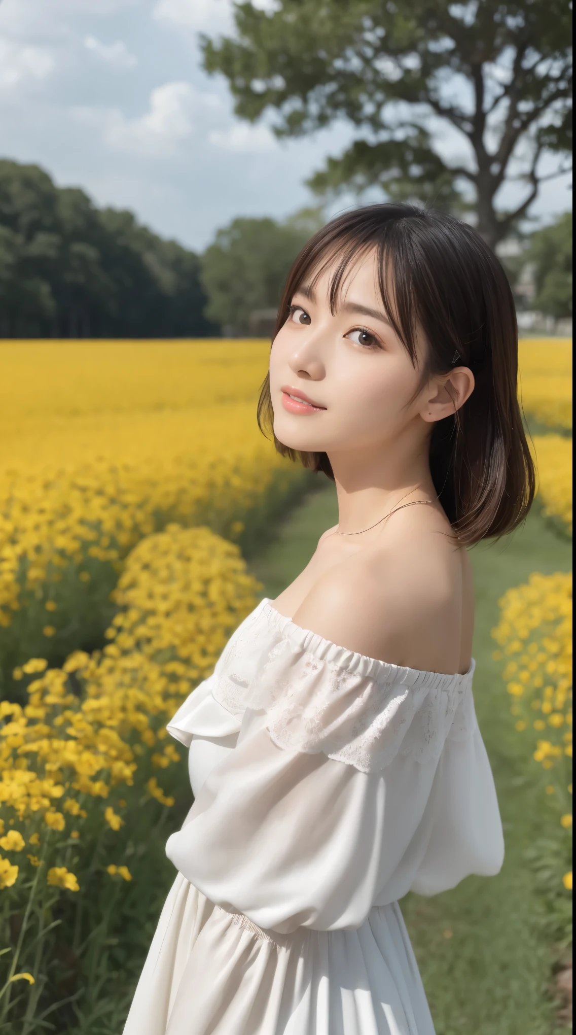 masterpiece, highest quality, Ultra-high resolution, Fluorescent color,, 1 girl, Looking at the audience, Beautiful Face, Beautiful Eyes, (Off the shoulder: 1.2), Lift your head, Upper Body, forest, Shiny Hair, Shiny skin, Shining cut, Little, Adjusting the Finger Ratio、Flower Field、Under the sky、uniform