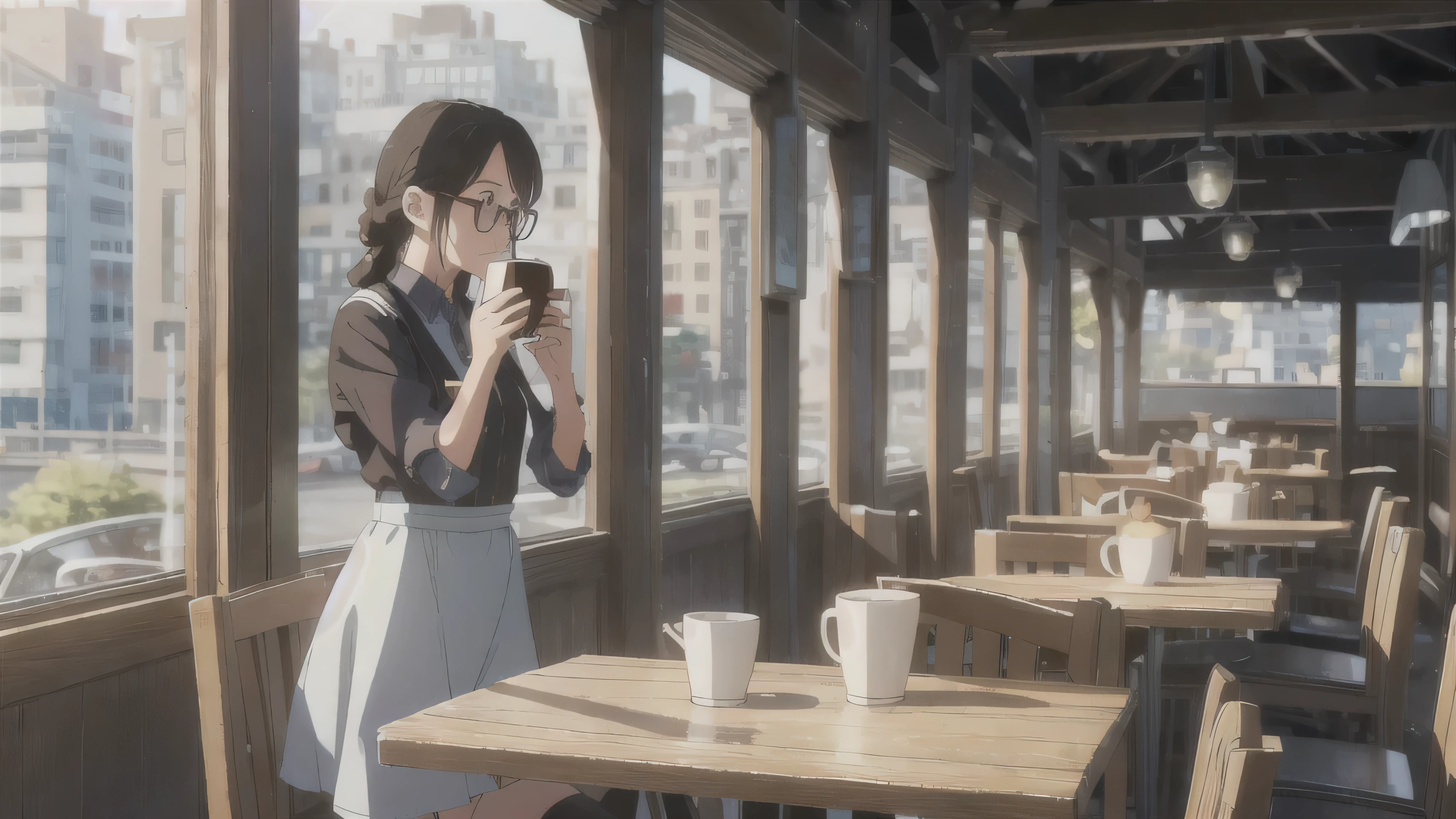 The Wind of Sincerity, anime, On Bridge, Moving visual effects, Natural glare. Denim with a dress shirt and tie, A 20-year-old girl with a kind face drinking coffee alone at a cafe. She is wearing glasses and listening to music happily while drinking coffee.,Braid,