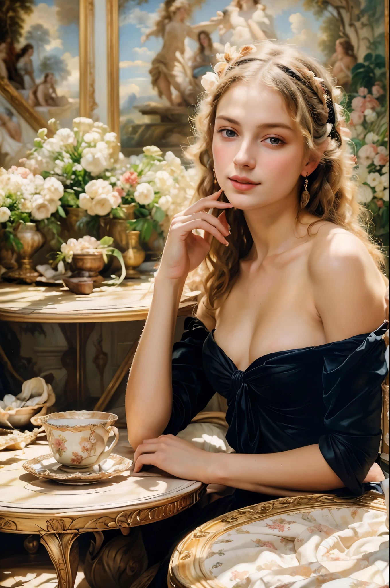 masterpiece, best quality, extremely detailed, hyperrealistic, oil painting, rococo art, in watteau style, a beautiful 20s french model