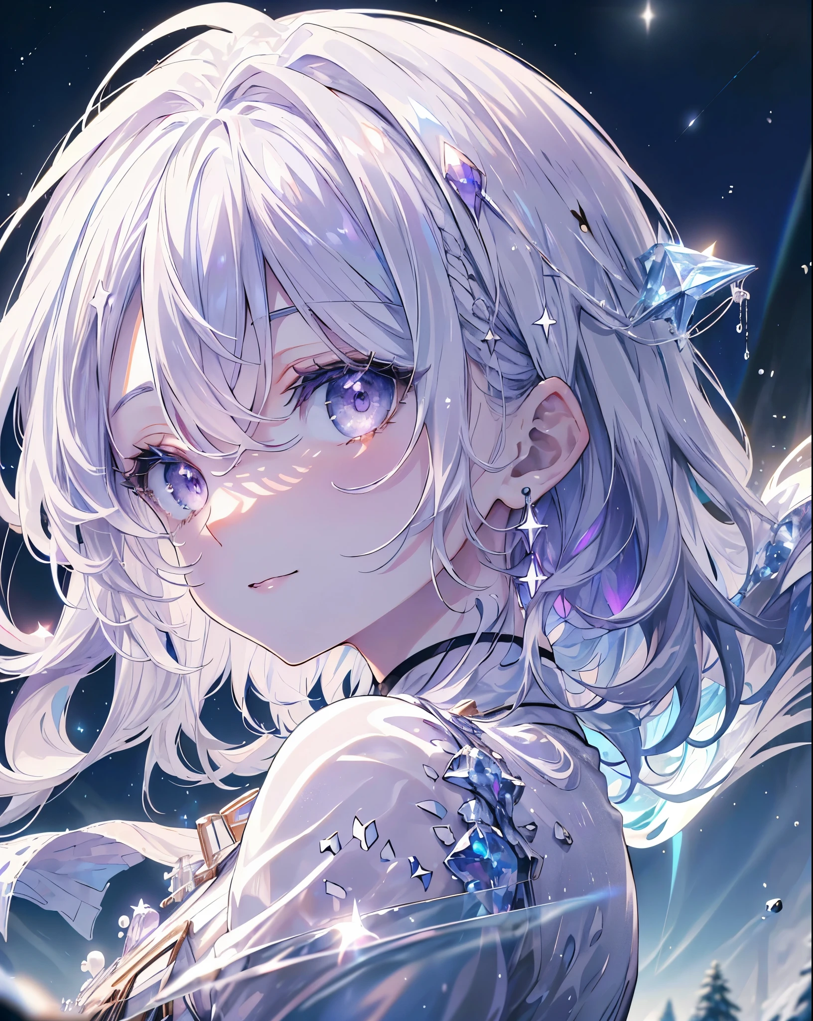 ((​masterpiece,hight resolution,8K picture quality,top-quality)),1girl in,((extra detailed face)),femele,Delicate eyes,((Purple eyes)),((hairstyle on:Very short,White hair)),lensflare,Dramatic makeup,look back and smile,Natural complexion,large full breasts,Diffuse reflection of light(colourfull:1.5),aurora night sky,Star-filled sky,Meteor swarm,snowy forest,Profile staring at the sky,look up from the hill,