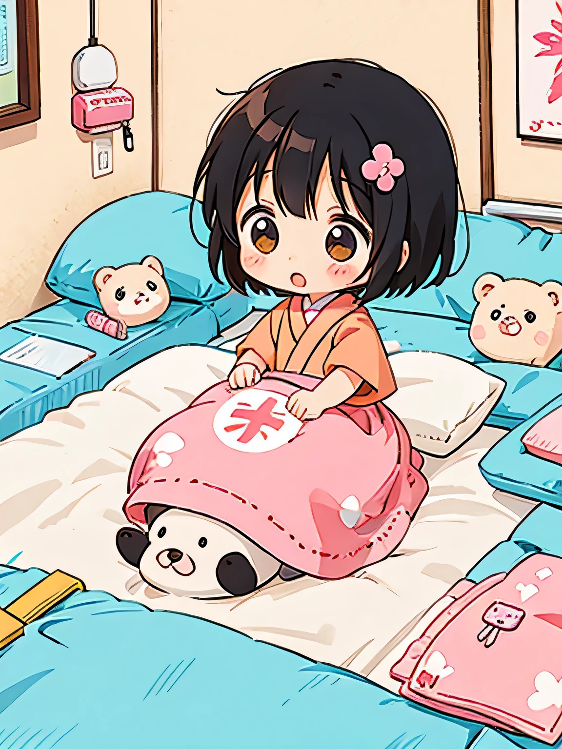 Momoko Sakura Style, Kawaii Design, Chibi Maruko-chan、Chibi, cute bears、playing, hospital bed