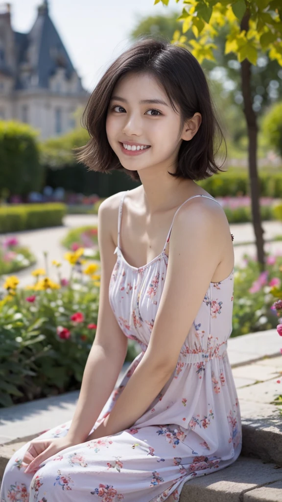masterpiece, highest quality, disorganized, perfect anatomy, 1 girl, alone, pascal tales, short hair, beautiful, Hilarious, sunny day, botanical garden, Summer winds, sundress, Floral, wavy hair, smile