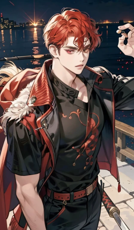 (absurd, high, extremely detailed),((masterpiece)), ((best quality:1.1)), High resolution, 8k, upper body, 1 boy, (red hair, curly hair light, layered hair :1.1 ), ((super short hair, neatly combed)), shaded face, (men's black coat with red interlacing, black loose t-shirt, men's colored jogger pants black: 1.1), , (top view 1.1), ((red eyes)), (katana in hand), night city, standing posture, looking at people