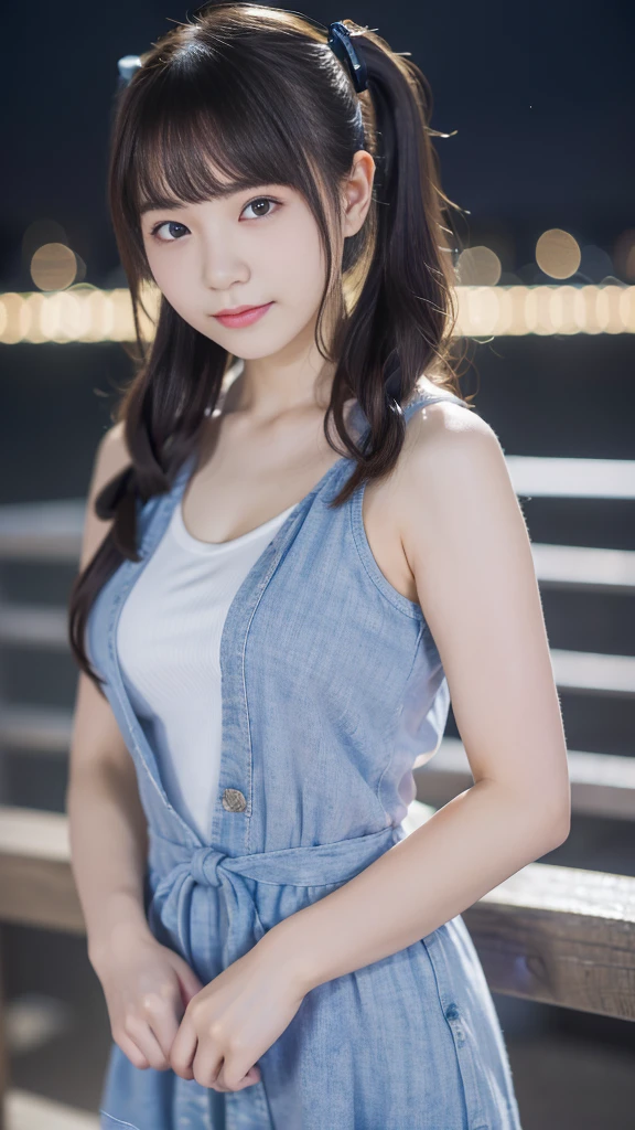 (highest quality,masterpiece:1.3,Ultra-high resolution),(Very detailed,8K),(Realistic:1.4,RAW shooting)。blurred background、Looking at the audience、Shy expression、18-year-old girl、Twin tails。A cup breasts、Casual and cute outfit。City of night。Night view。
