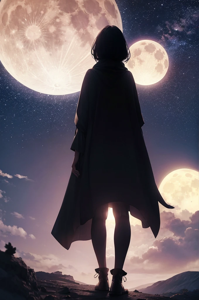 highest quality,Big moon and shadow,A silhouette of a person can be seen against the backdrop of a large moon.,There is one full moon,There is a mood,Beautiful scenery,Starry Sky