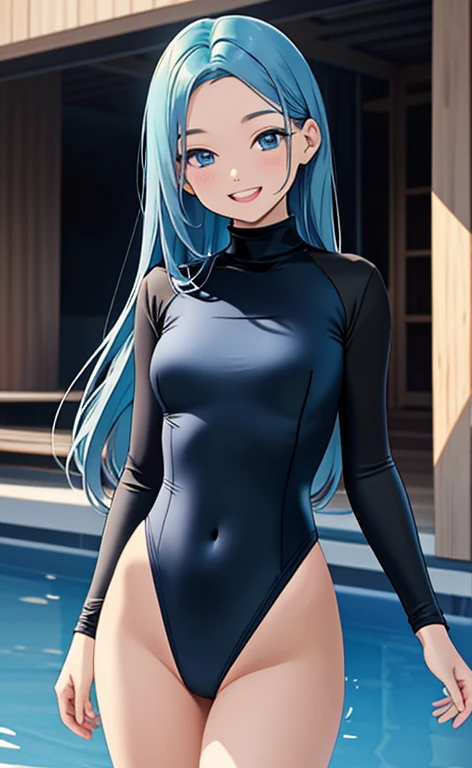 (masterpiece:1.4、top-quality、illustration:1.4,realistic、)、(character focus、breast focus,upper body:1.3)、(1girl),(Open mouth happy grin:1.3),(half closed eyes),cute face,blue eyes、()、
,(stand:1.4),(Shining smile),
,(slender),(turtleneck holder black cute swimsuit:1.3),(long blue hair:1.6,forehead:1.3), (small breasts:1.3)、
、slender、pool,、