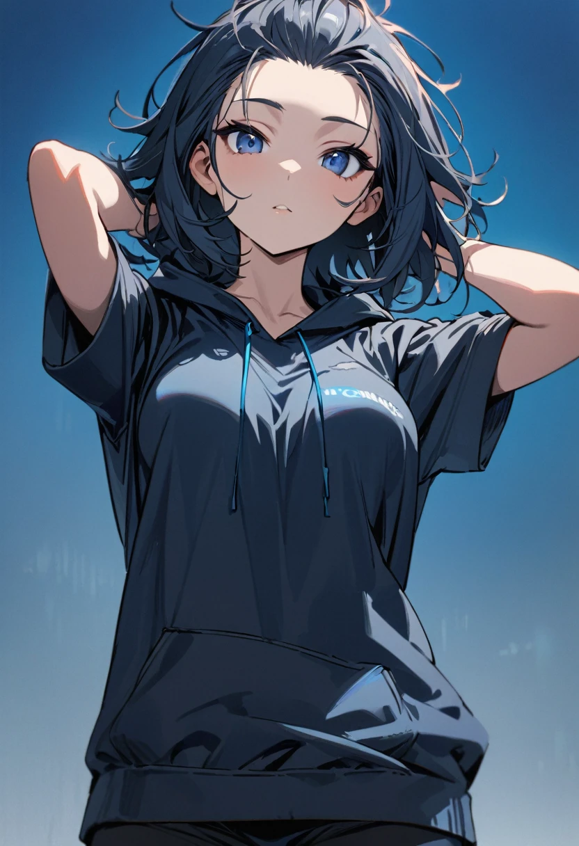 1 girl,Solo,front view from front facing viewer,medium hair,hair slicked back,dark blue eyes,Hands behind head, messy hair,(dark eyes),(cool girl),(Sharp blue eyes),(dark color),(Hoodie) masterpiece, best quality, high quality, detailed,medium-breasts