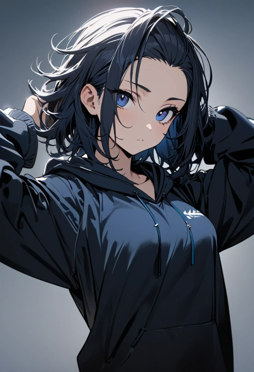 1 girl,Solo,front view from front facing viewer,medium hair,hair slicked back,dark blue eyes,Hands behind head, messy hair,(dark eyes),(cool girl),(Sharp blue eyes),(dark color),(Hoodie) masterpiece, best quality, high quality, detailed,medium-breasts